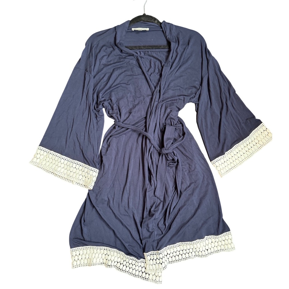 Angel Maternity Navy Blue Bamboo Viscose Robe M/L Crochet Lace Trim Belted